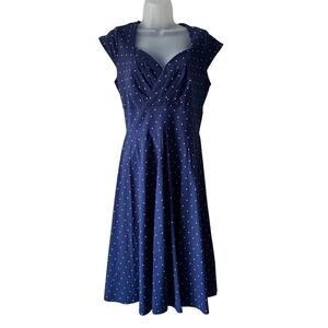 Gown Town Dress Womens Large Blue‎ Polka Dot Flare Swing Retro 50s Secretary